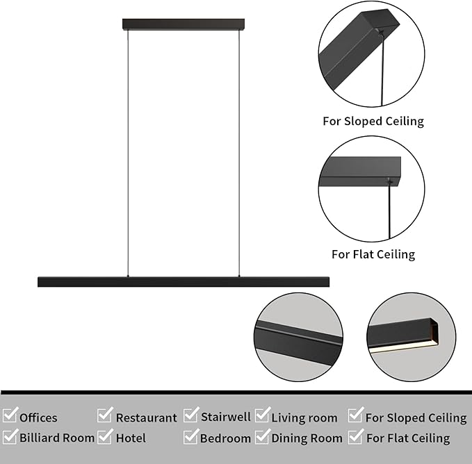 Modern Ceiling Pendant Lights,39in LED Black Linear Chandelier with Remote Control 3000k-6000K Adjustable Color Temperature,Island Lighting Hanging Light for Kitchen,Dining Room,Living Room
