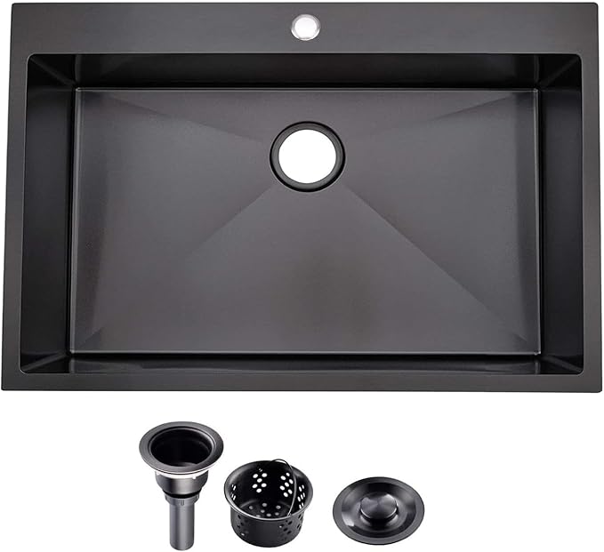 KINGO HOME 28 Inch Black Drop in Kitchen Sink, 28x18 Inch Gunmetal Black Single Bowl Stainless Steel Basin Topmount Kitchen Sink, 16 Gauge Metal Sink with Strainer