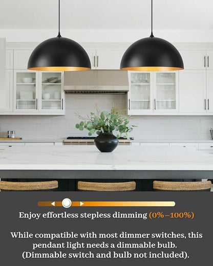 Large Pendant Lights Kitchen Island 3 Packs, 16 inch Black and Gold Dome Pendant Light, Industrial Farmhouse Pendant Lights Fixtures Metal for Kitchen Island, Dining Room, Cafe, Bar
