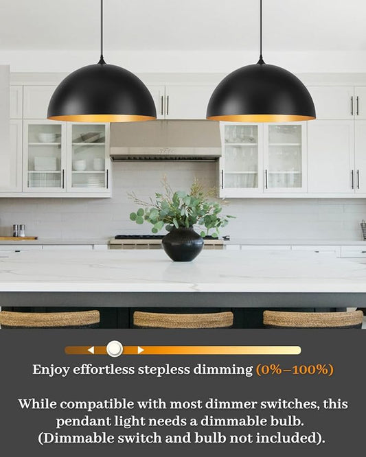 Large Pendant Lights Kitchen Island 3 Packs, 16 inch Black and Gold Dome Pendant Light, Industrial Farmhouse Pendant Lights Fixtures Metal for Kitchen Island, Dining Room, Cafe, Bar