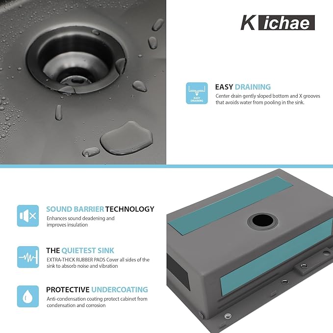 Kichae 36 Black Kitchen Sink Drop In Waterfall - 36x22 Drop Sink Stainless Steel 16 Gauge Single Bowl Waterfall Kitchen Sinks Workstation Handmade with Faucet & Glass Rinser