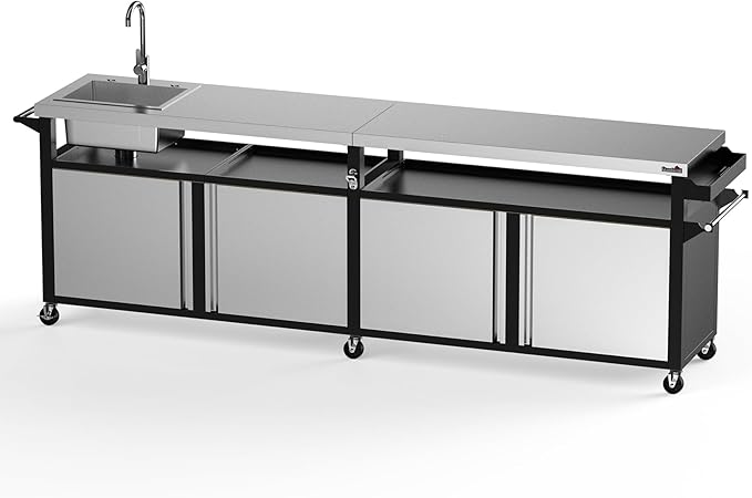 Stanbroil Rolling Outdoor Kitchen Island with Stainless Steel Table Top & Storage Cabinets, Sink&Faucet Included, Extra Large