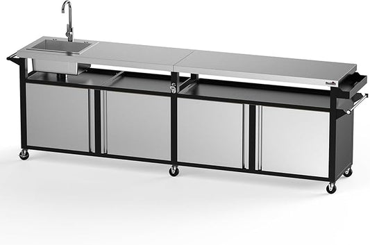Stanbroil Rolling Outdoor Kitchen Island with Stainless Steel Table Top & Storage Cabinets, Sink&Faucet Included, Extra Large