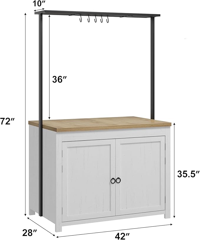 GarveeHome Kitchen Island with Storage 42 in - Heavy Duty Kitchen Cart, Mobile Kitchen Island with 2-Tier Shelves & 5 Hooks, Solid Wood Countertop for Small Spaces (White & Natural)