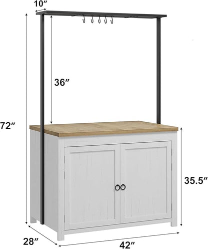 GarveeHome Kitchen Island with Storage 42 in - Heavy Duty Kitchen Cart, Mobile Kitchen Island with 2-Tier Shelves & 5 Hooks, Solid Wood Countertop for Small Spaces (White & Natural)
