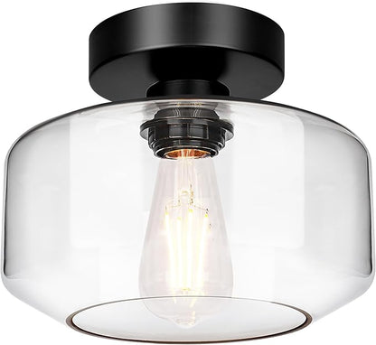 Industrial Semi Flush Mount Ceiling Light, 800 Lumen LED Bulb Included, Clear Glass Shade Ceiling Light Fixture, Farmhouse Light Fixture for Hallway Corridor Kitchen Bathroom Bedroom Passway