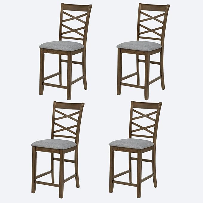 Set of 4 Dining Chairs, Wooden Kitchen Chairs with Padded Cushion, Upholstered Stools for Kitchen Island, Dining Room, Living Room, Easy Assembly (Walnut - Cross-backrest)