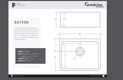 Fine fixtures Sutton Fireclay sink, 24" Apron Front Farmhouse Kitchen Sink. Solid (Not Hollow)