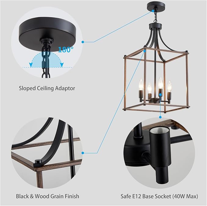 XINGQI Modern Farmhouse Chandeliers for Dining Room,4 Light Geometric Lantern Black Wood Grain Finish Cage Pendant Lighting Fixture 11.8" for Staircase Foyer Kitchen Entryway