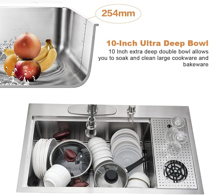33 Inch Drop In Kitchen Sink with Cup Washer Workstation-Bokaiya 33x19 Stainless Steel Drop In Sink Ledge Workstation 16 Gauge Deep Top Mount Single Bowl Kitchen Sink