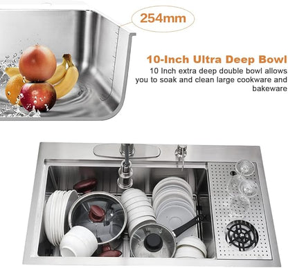 33 Inch Drop In Kitchen Sink with Cup Washer Workstation-Bokaiya 33x19 Stainless Steel Drop In Sink Ledge Workstation 16 Gauge Deep Top Mount Single Bowl Kitchen Sink