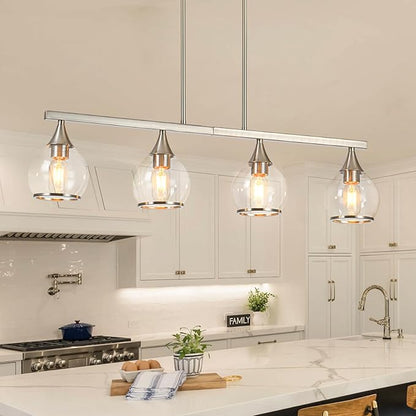 Island Light for Kitchen, 4-Light Brushed Nickel Island Pendant Lighting with Clear Round Glass Shades for Kitchen, Dining Table, Living Room