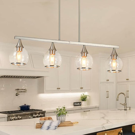 Island Light for Kitchen, 4-Light Brushed Nickel Island Pendant Lighting with Clear Round Glass Shades for Kitchen, Dining Table, Living Room