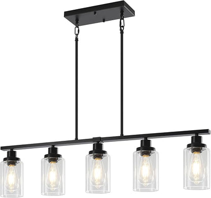 Modern Island Lights for Kitchen, Black Dining Room Light Fixtures Over Table 5-Light Farmhouse Linear Chandelier Adjustable Hanging Kitchen Lights Ceiling Clear Glass Pendant Lighting Over Island