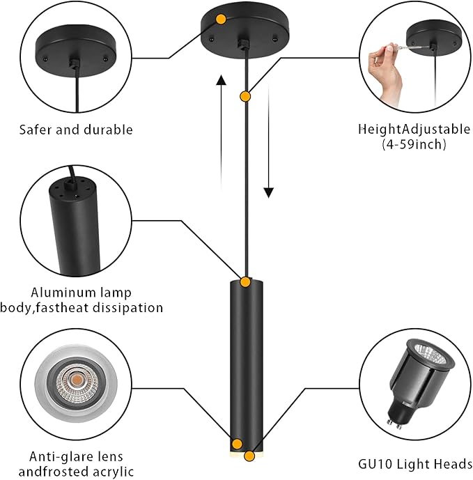Modern Black-on-Gold Cylindrical Chandelier, 1-Light Pendant with Adjustable Cord, Matching GU10 Socket for Living Room, Bedroom and Dining Room (Wide Beam Angle) (2 Pack)