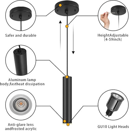 Modern Black-on-Gold Cylindrical Chandelier, 1-Light Pendant with Adjustable Cord, Matching GU10 Socket for Living Room, Bedroom and Dining Room (Wide Beam Angle) (2 Pack)