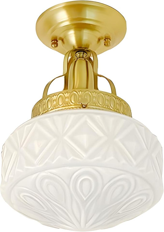 Bofea-Gold Semi Flush Mount Ceiling Light,Brass Vintage Flush Mounted Ceiling Lighting with Milk White Glass Shade, Mid-Century Style Ceiling Light Fixture for Hallway Foyer Loft Bathroom Bedroom. (A)
