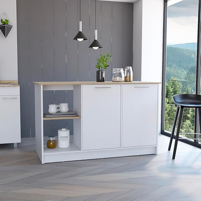 GOWE Juniper Kitchen Island, Four Open Shelves, Two Cabinets -Light Oak/White
