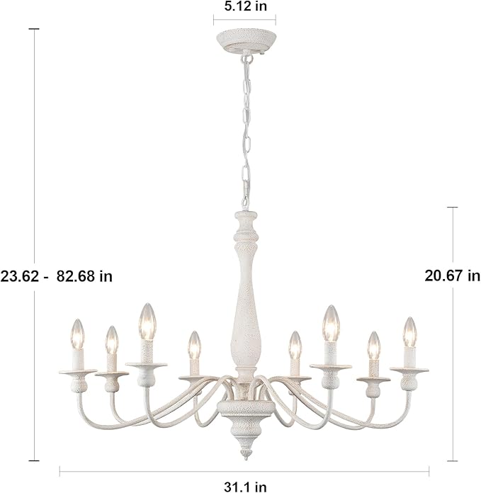 ALISADABOY White Chandelier Farmhouse Antique Chandeliers for Dining Room French Country 8 Light Rustic Entryway Hanging Light Fixture for Kitchen Island Hallway Vintage Pendant Lighting