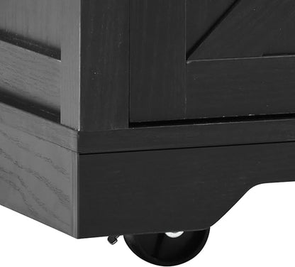 YOPTO Farmhouse Kitchen Island Cart With Power Outlet & 2 Sliding Barn Doors, Rolling Storage Island W/Drop Leaf Spice Rack and 5 Universal Wheels, for Home and Dining Room, Black, 53.7"