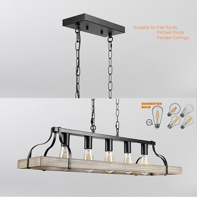 Rustic Farmhouse Chandelier for Dining Room 5-Lights-A Black+Wood