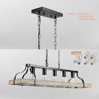 Rustic Farmhouse Chandelier for Dining Room 5-Lights-A Black+Wood