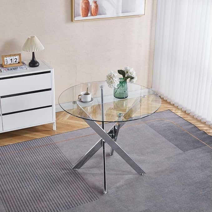 Round Glass Dining Table,Dining Room Table with Metal Legs, Modern Kitchen Table for Home, Kitchen, Dining Room