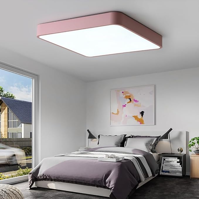 LED Ceiling Light Fixture,20 Inch Modern Square Recessed Ceiling Lights,Dimmable Light,48W Pink 3000K-6000K Close to Ceiling Lighting Flush Mount Living Room Bedroom