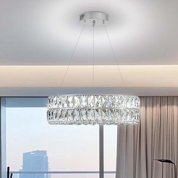 Led Ring Crystal Chandelier for Living Room, Modern Dimmable 15.7" Silver Crystal Chandeliers Lighting Adjustable Hanging Pendant Light for Dining Room