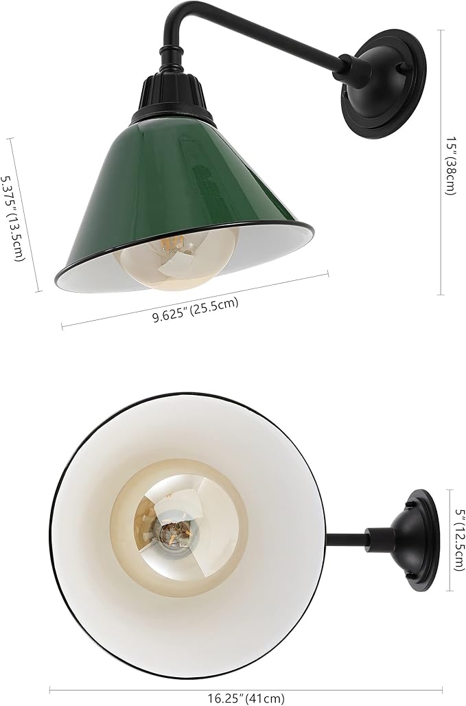 JONATHAN Y 9.63" Green/Black 1-Light Farmhouse Outdoor Sconce, Industrial LED Wall Light, Gooseneck Arm Barn Lamp with Metal Bell Shade for Porch, Patio, Kitchen, LED Bulb Included (JYL7612F)