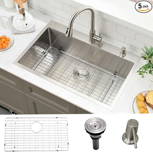30 Inch Kitchen Sink Drop In,30x18 Drop In Kitchen Sink Top Mount Stainless Steel 18 Gauge Single Bowl Deep Single Bowl Overmount Kitchen Sinks with Soap Dispenser
