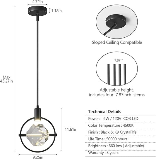 Modern Crystal Pendant Light in Black Mini Dimmable Integrated LED Light Fixtures Metal Rod Ceiling Black Chandelier for Kitchen Island Bedroom Dining Room Bar(1-Lights)