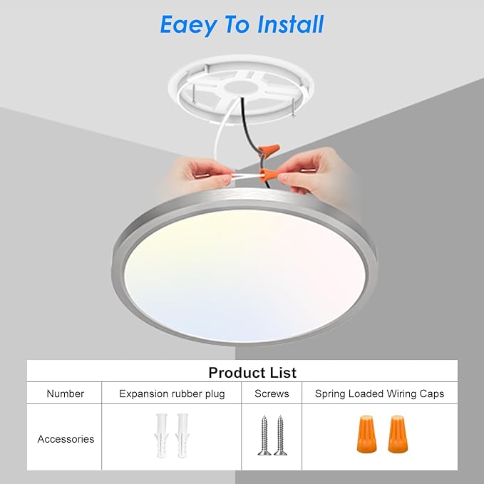 Peasur 7 Inch Satin Round Lighting Brushed Nickel, 15W LED Slim Flush Mount Ceiling Light,3000K/4000K/6500K Adjustable, Modern LED Ceiling Light for Bedroom, Living Room and Kitchen(2-Pack)