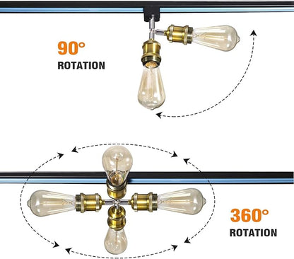 E26 Track Light Heads H Type Track Lighting Heads Direction Adjustable LED Track Lights Fixture Dimmable for Kitchen, Retro Vintage Style, Bulbs Not Included - Pack of 4(Brass)