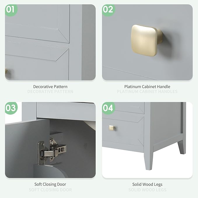 20" Bathroom Vanity with Ceramic Sink Top Set, Multi-Functional Storage Cabinet with Rack Organizer and Drawer, Soft-Closing Door, Solid Wood Frame, Gray