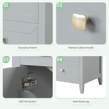 20" Bathroom Vanity with Ceramic Sink Top Set, Multi-Functional Storage Cabinet with Rack Organizer and Drawer, Soft-Closing Door, Solid Wood Frame, Gray