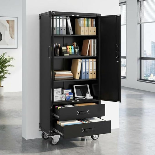 71" Heavy-Duty Metal File Cabinet with Lockable Drawers & Doors, Adjustable Shelves for Letter/Legal/F4/A4 Size, Easy Assembly for Home Office Garage Storage Cabinet, Black