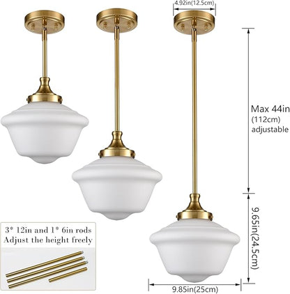 SAMTEEN Modern Gold Pendant Light Schoolhouse Light Fixture 10-Inch White Glass Pendant Lighting for Kitchen Island Adjustable Height Brass Hanging Light Kit for Dining Room Hallway