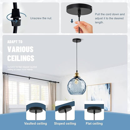 Modern Pendant Lights Kitchen Island, Hand Blown Glass Hanging Kitchen Lights with 7.8" Blue Hammered Globe, 1-Light Island Pendant Lights for Kitchen Dining Room Bathroom Bedroom