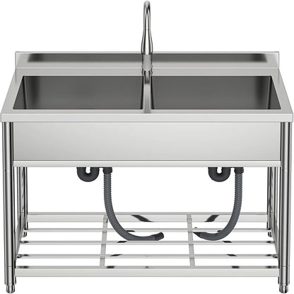 GGW 2-Compartment Commercial Sink, Stainless Steel Utility Sink with Pull-out Faucet, Free Standing Double Bowl Kitchen Sink for Restaurant, Garage, Shop, Cafe, Outoor, 21.7"D x 47.2"W x 37"H