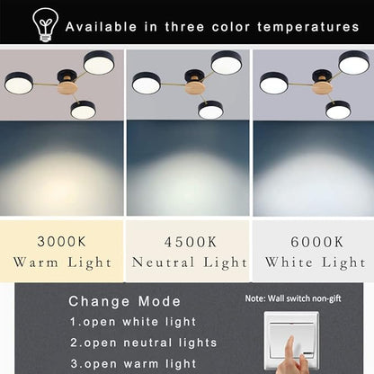LED Ceiling Light Fixture,26 Inch 3-Lights Modern Ceiling Lights Flush Mount Wooden 24W Dimmable Chandelier for Living Room Bedroom Kitchen,3000K/4000K/6000K Temperatures Selectable Black