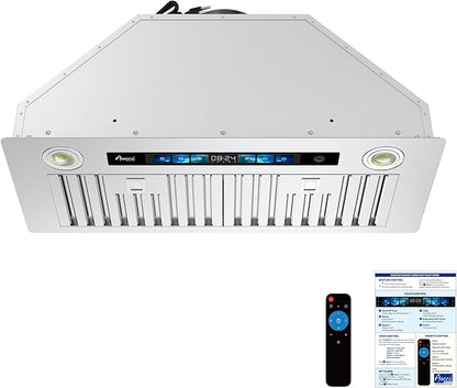 Awoco Range Hood Insert 36 Inch, Built-in Kitchen Hood with 800 CFM, Smart Voice/Gesture/Touch Control, Stainless Steel Stove Hood with Ducted/Ductless Convertible, Charcoal Filter.