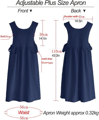 Women Plus Size Cotton Linen Vintage Pleated Split Apron Pinafore Dress with Two Pockets