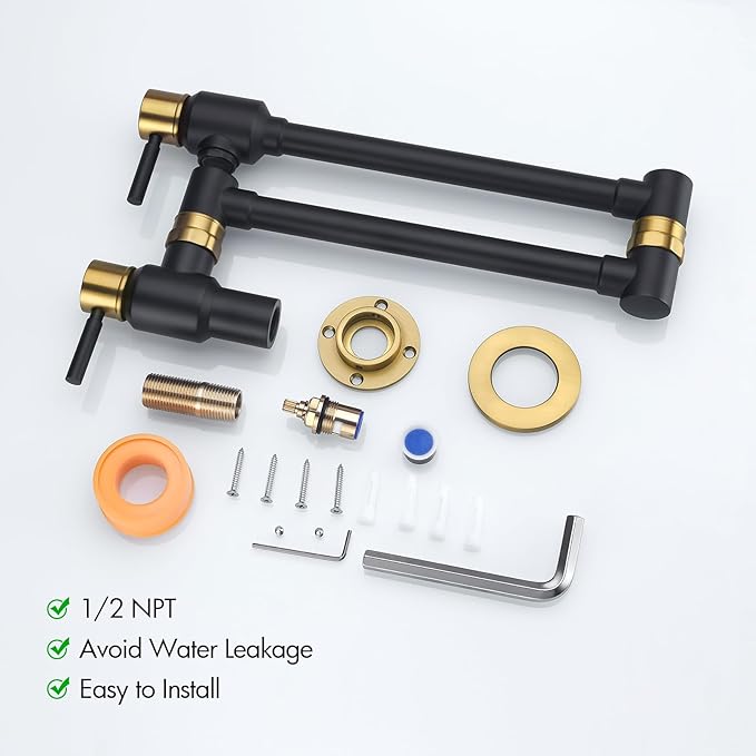 BAGNOLUX Pot Filler Faucet Over Stove, Traditional Pot Filler Wall Mount Commercial Solid Brass Kitchen Faucet, Pot Filler Folding Faucet with Double Joint Swing Arm 23.4 inch, Black and Gold
