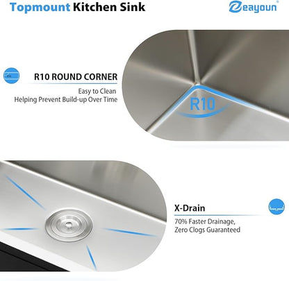 25 Inch Drop in Kitchen Sink 25x22 Drop in Kitchen Sink 16 Gague Topmount Stainless Steel Single Bowl Handmade Sinks Large Deep Basin 25"x22"x9"