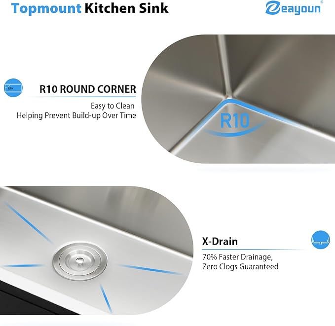 30 Inch Drop in Kitchen Sink 30x22 Drop in Kitchen Sink 16 Gague Topmount Stainless Steel Single Bowl Handmade Sinks Large Deep Basin 30"x22"x9"