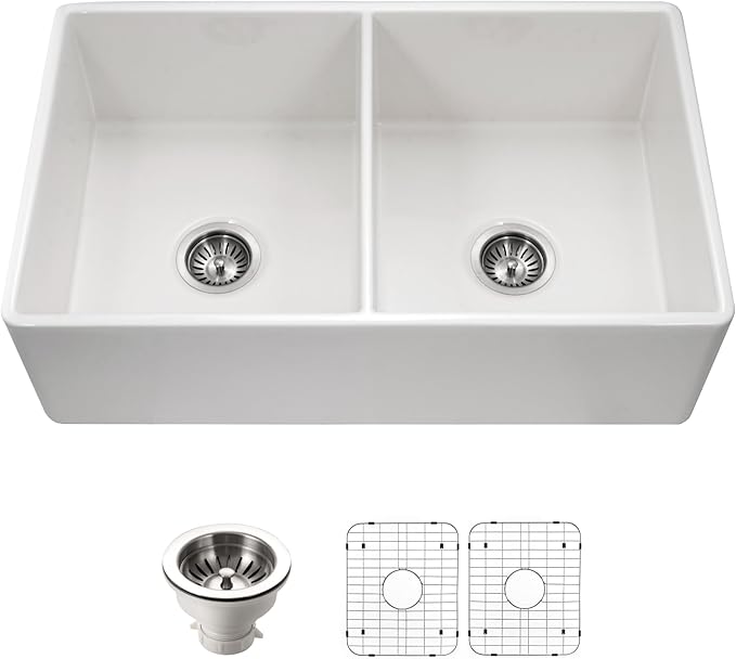 Houzer Platus White Fireclay Kitchen Sink: 33 Inch Apron Front Farmhouse 50/50 Double Bowl Sink with Strainer & Grids, Durable & Versatile, Essential for Home & Apartment: PTD-4400 WH-C