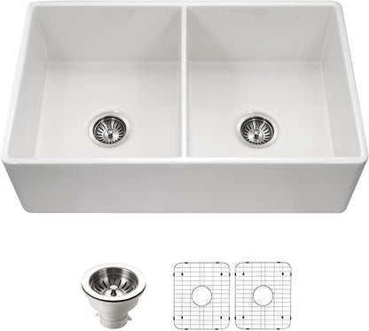 Houzer Platus White Fireclay Kitchen Sink: 33 Inch Apron Front Farmhouse 50/50 Double Bowl Sink with Strainer & Grids, Durable & Versatile, Essential for Home & Apartment: PTD-4400 WH-C