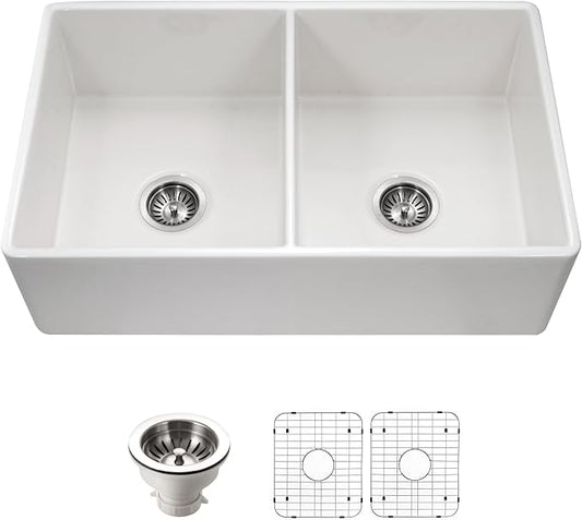 Houzer Platus White Fireclay Kitchen Sink: 33 Inch Apron Front Farmhouse 50/50 Double Bowl Sink with Strainer & Grids, Durable & Versatile, Essential for Home & Apartment: PTD-4400 WH-C