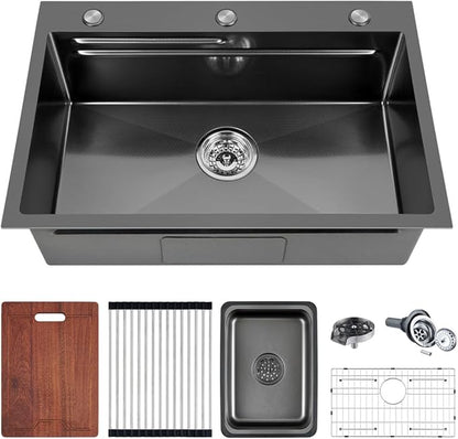 FRANIC 26" Handmade Black Bar Workstation Sink, 26" x 18" x 8" Stainless Steel Matte Nano Black Topmount Single Bowl Small Kitchen Outdoor Sink
